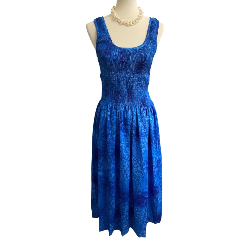 Rima Beachworld Smocked Batik Midi Beach Dress Women M/L Blue